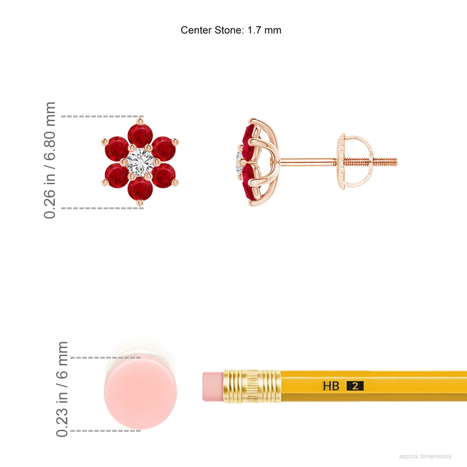 1.7mm AAA Six Petal Diamond and Ruby Flower Stud Earrings in Rose Gold ruler