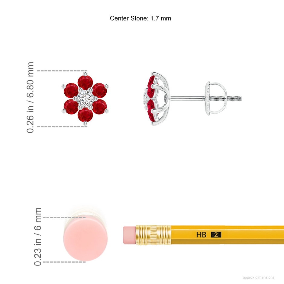 1.7mm AAA Six Petal Diamond and Ruby Flower Stud Earrings in White Gold ruler
