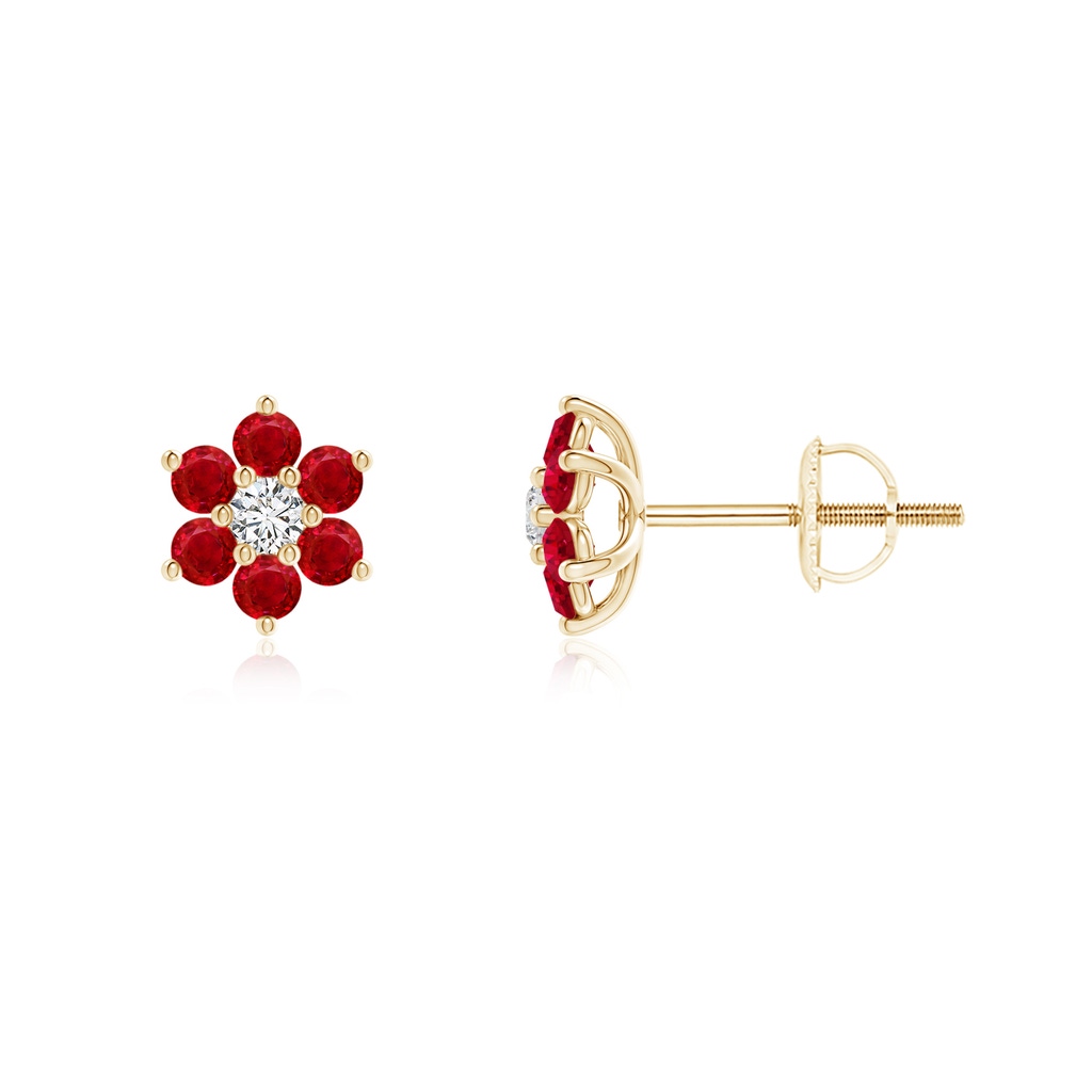 1.7mm AAA Six Petal Diamond and Ruby Flower Stud Earrings in Yellow Gold