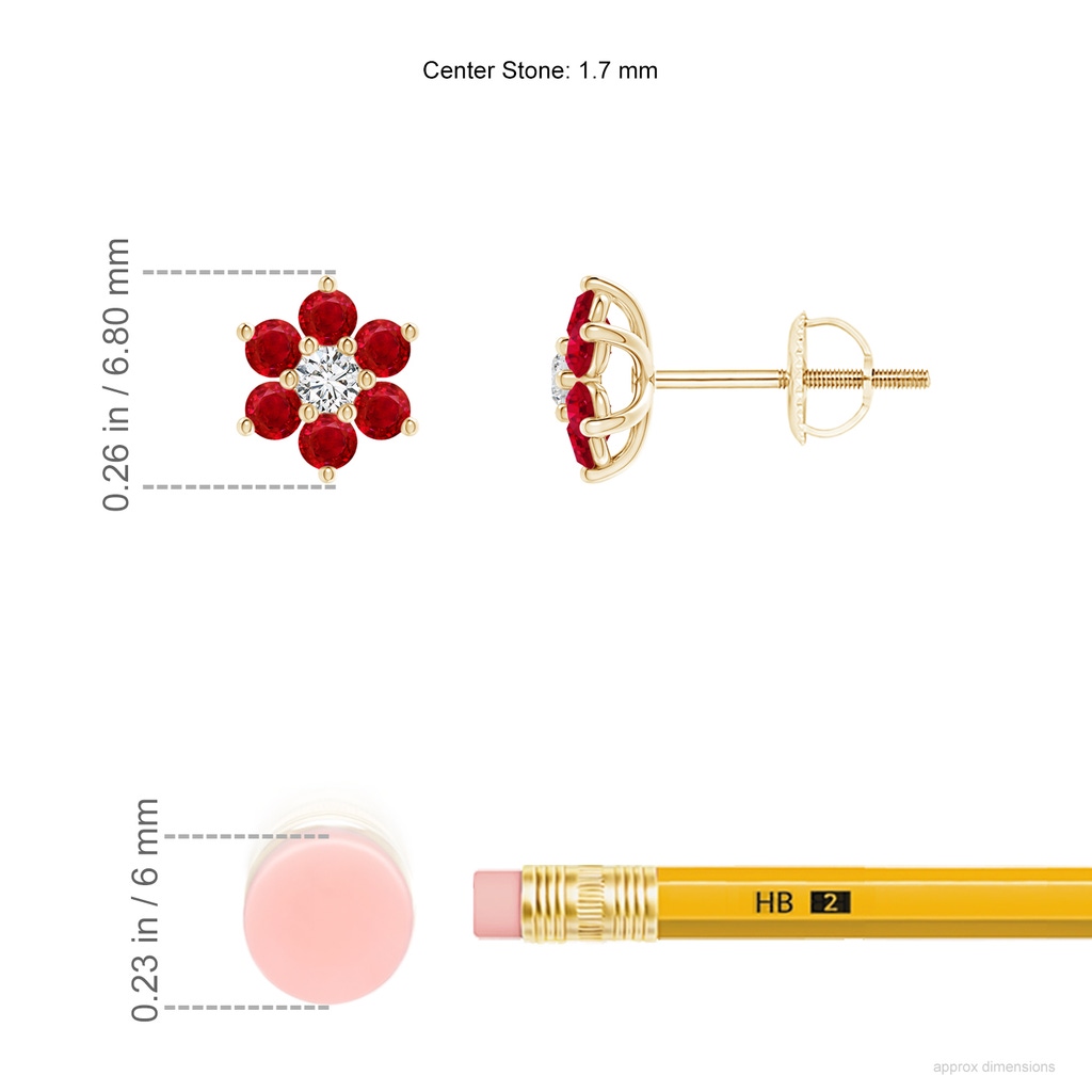 1.7mm AAA Six Petal Diamond and Ruby Flower Stud Earrings in Yellow Gold ruler