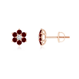 1.7mm AAAA Six Petal Diamond and Ruby Flower Stud Earrings in Rose Gold
