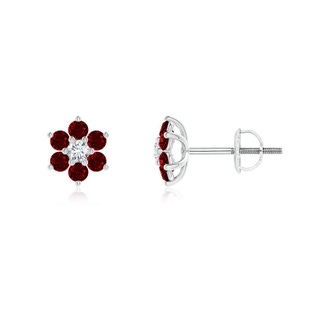 1.7mm AAAA Six Petal Diamond and Ruby Flower Stud Earrings in White Gold