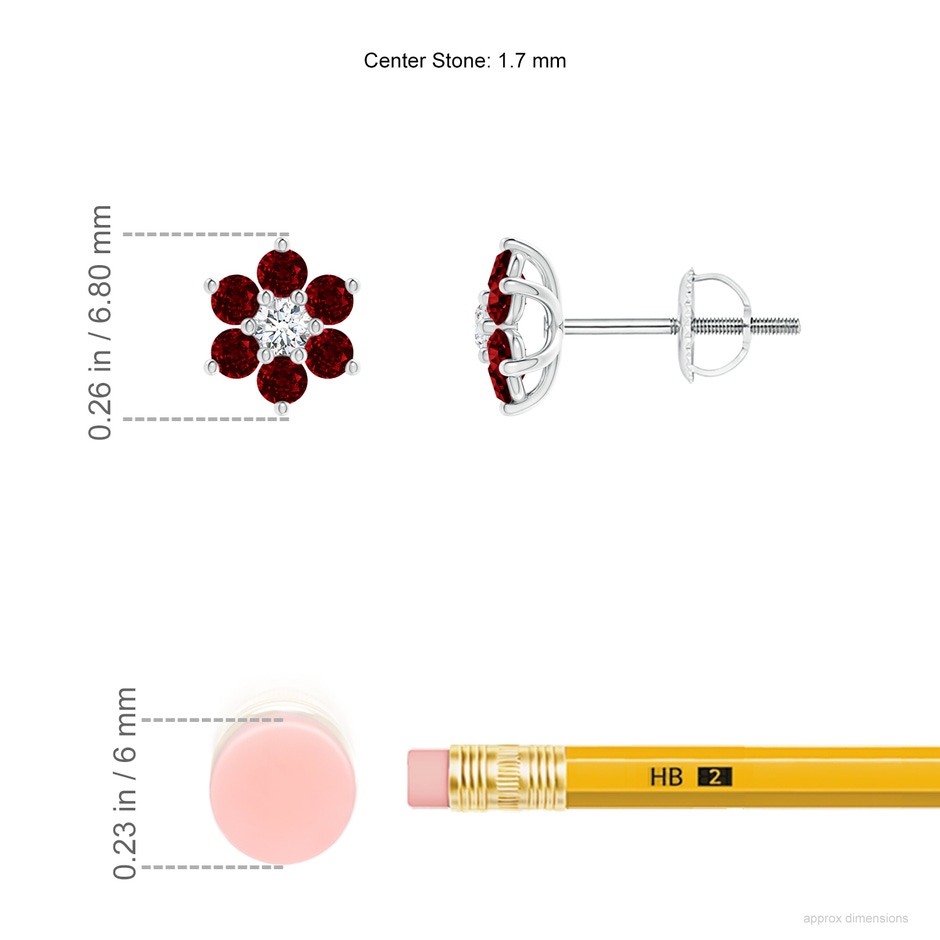 1.7mm AAAA Six Petal Diamond and Ruby Flower Stud Earrings in White Gold ruler
