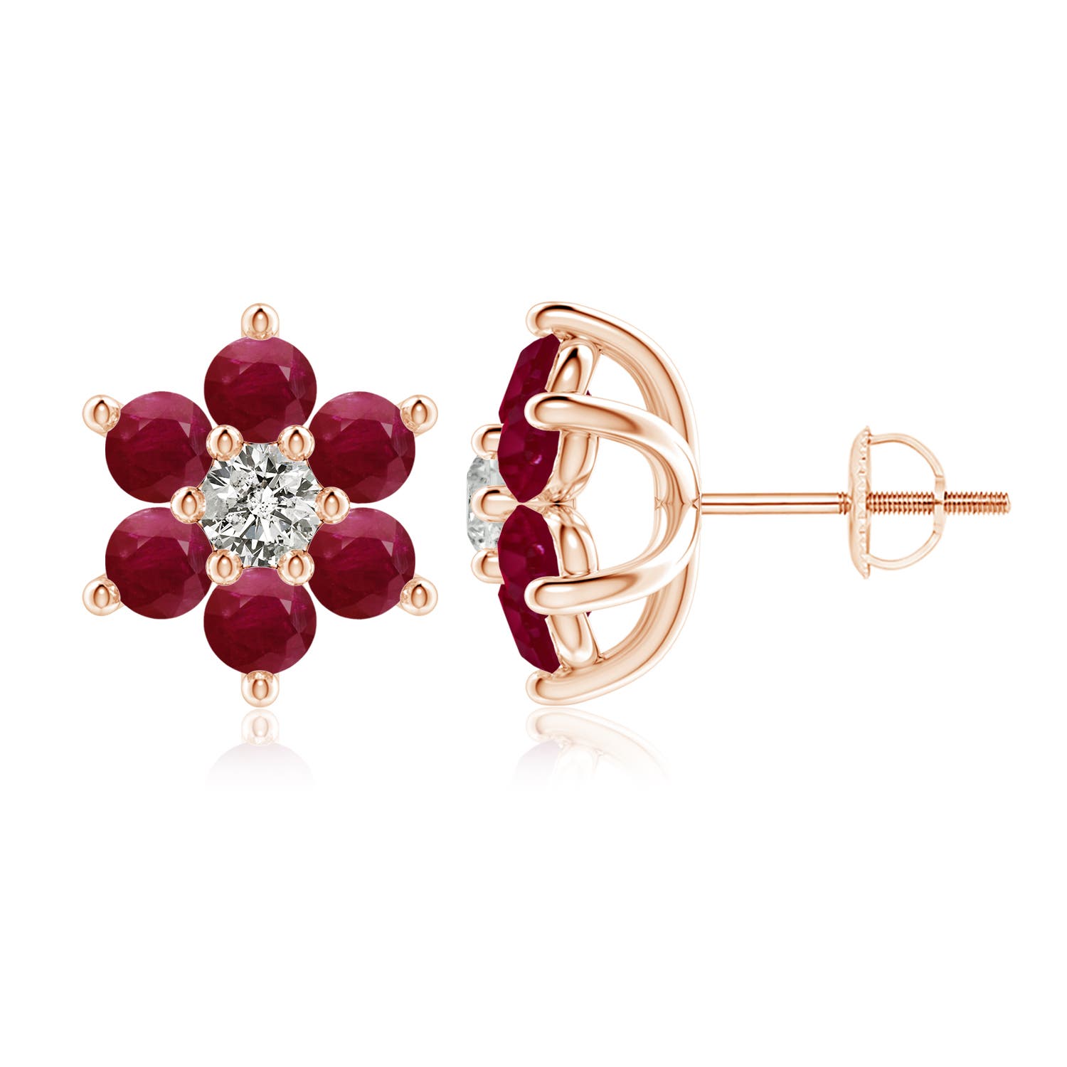 3.5mm A Six Petal Diamond and Ruby Flower Stud Earrings in 18K Rose Gold