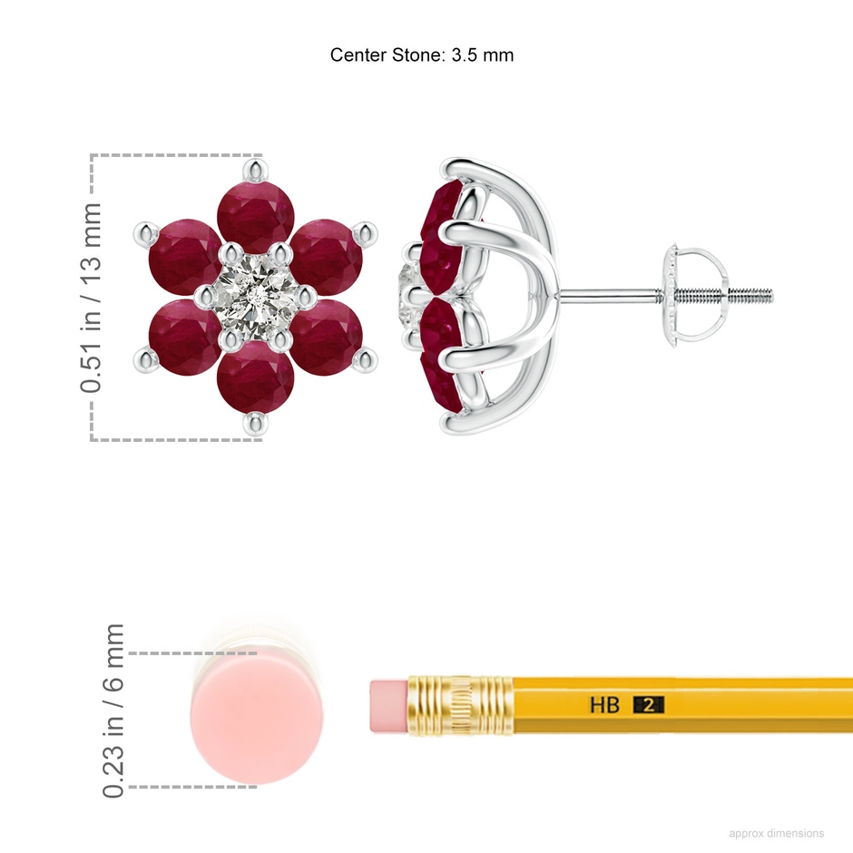 3.5mm A Six Petal Diamond and Ruby Flower Stud Earrings in 18K White Gold ruler