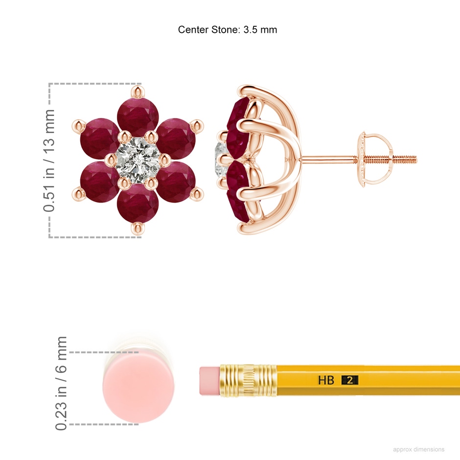 3.5mm A Six Petal Diamond and Ruby Flower Stud Earrings in Rose Gold ruler