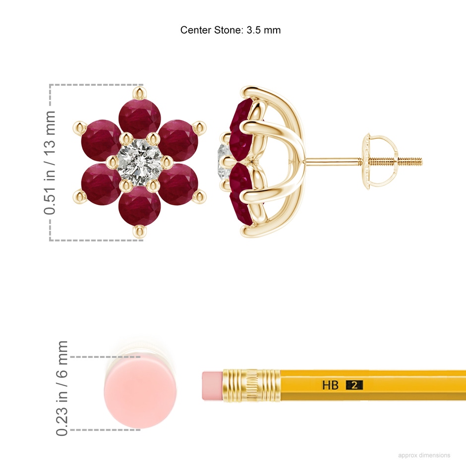 3.5mm A Six Petal Diamond and Ruby Flower Stud Earrings in Yellow Gold ruler