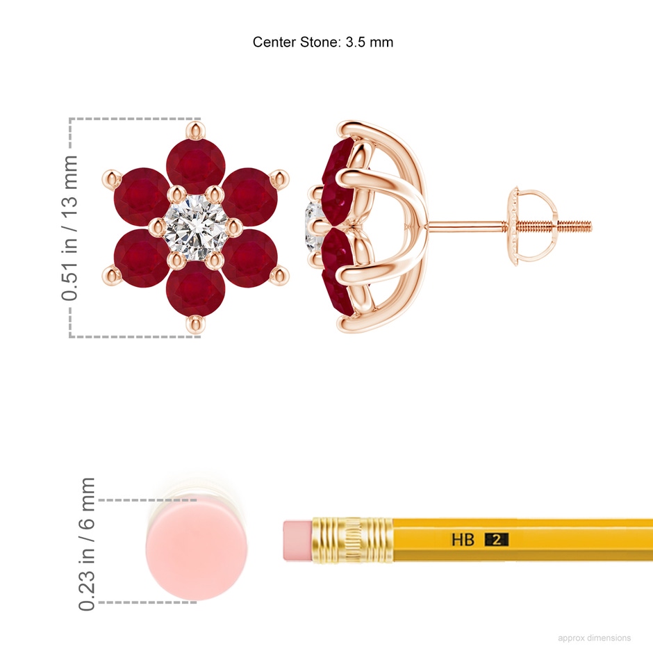 3.5mm AA Six Petal Diamond and Ruby Flower Stud Earrings in Rose Gold ruler