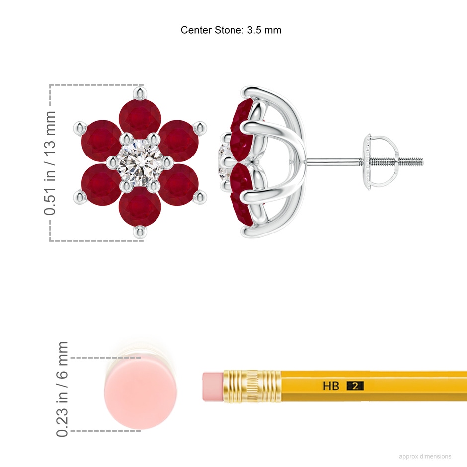 3.5mm AA Six Petal Diamond and Ruby Flower Stud Earrings in White Gold ruler