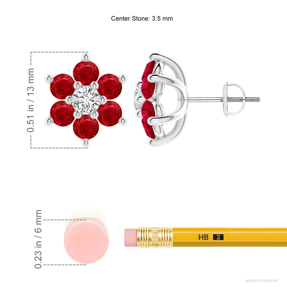 3.5mm AAA Six Petal Diamond and Ruby Flower Stud Earrings in P950 Platinum ruler