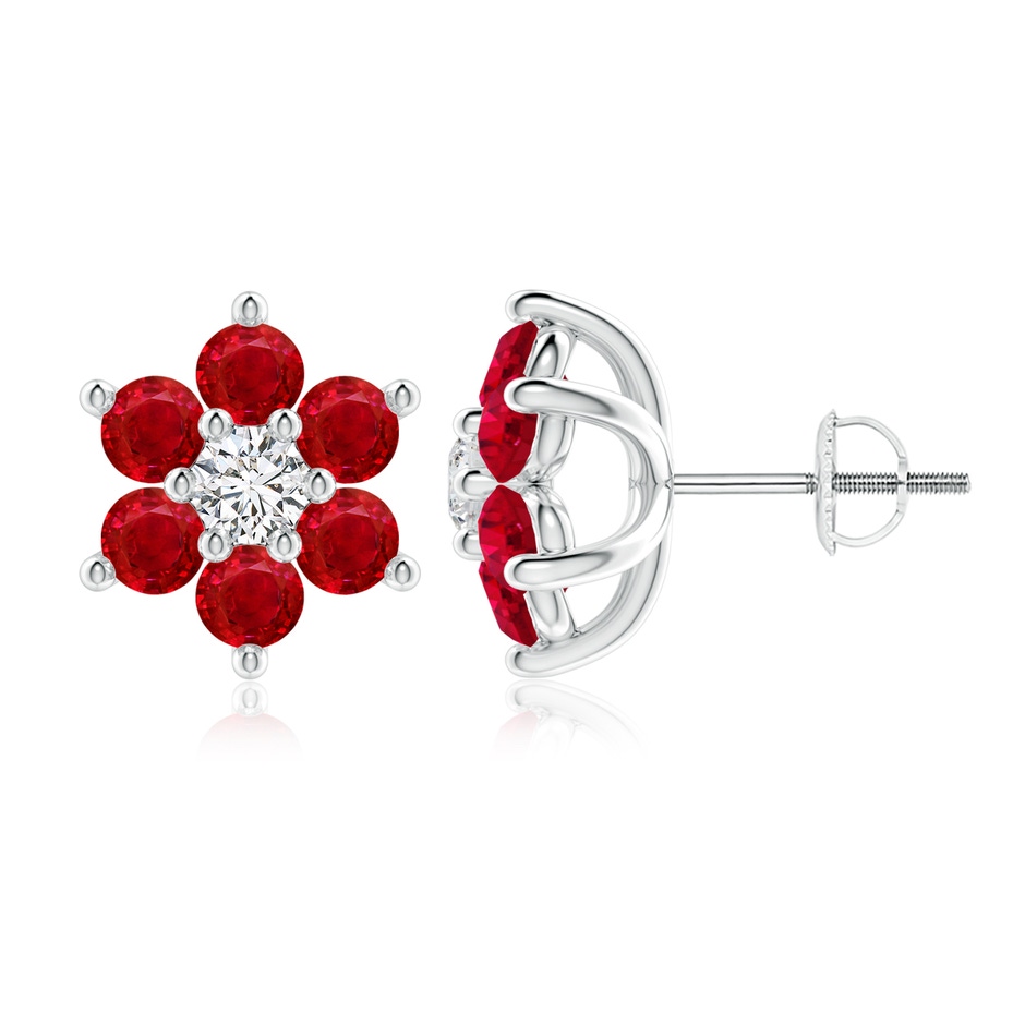 3.5mm AAA Six Petal Diamond and Ruby Flower Stud Earrings in White Gold 