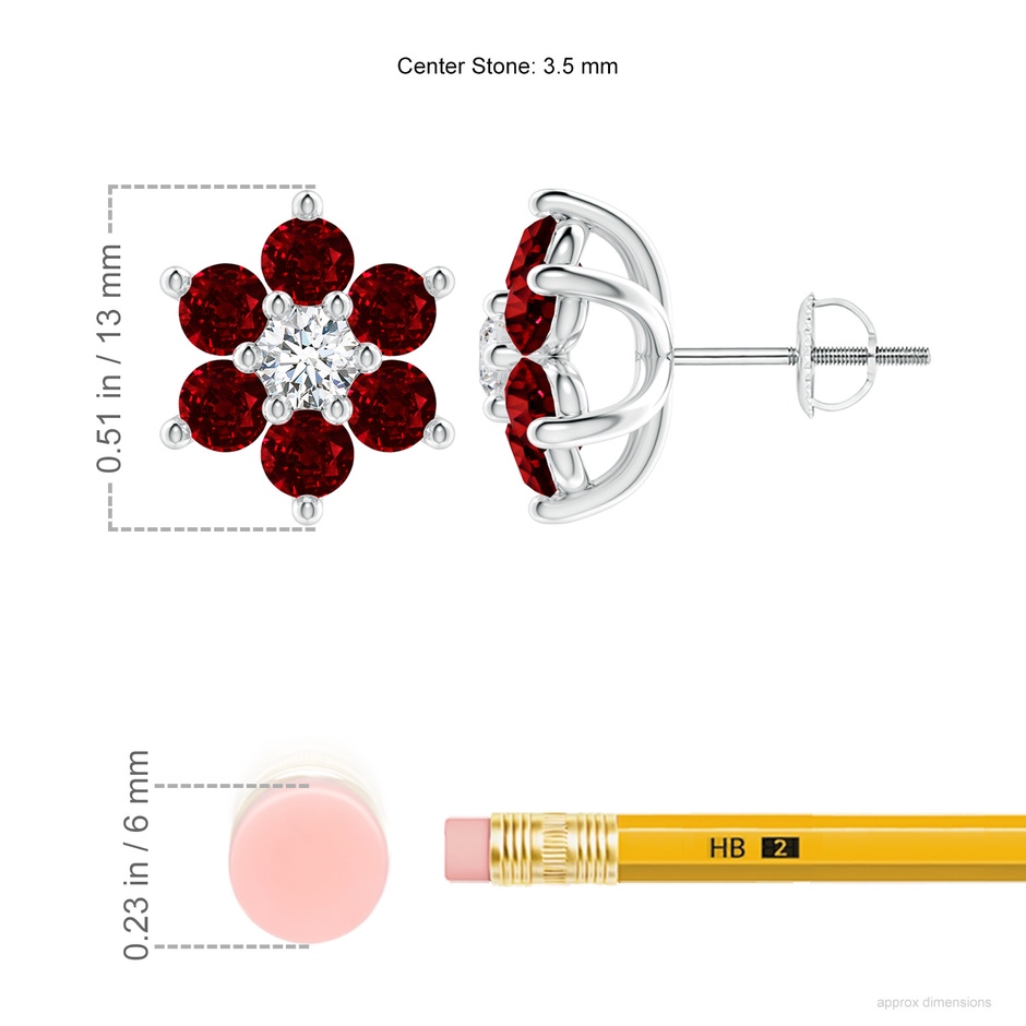 3.5mm AAAA Six Petal Diamond and Ruby Flower Stud Earrings in P950 Platinum ruler