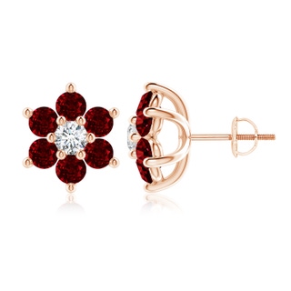 3.5mm AAAA Six Petal Diamond and Ruby Flower Stud Earrings in Rose Gold