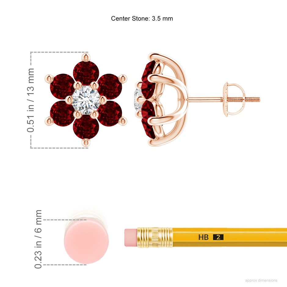 3.5mm AAAA Six Petal Diamond and Ruby Flower Stud Earrings in Rose Gold ruler