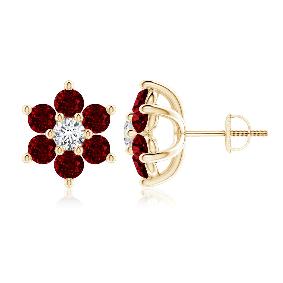 3.5mm AAAA Six Petal Diamond and Ruby Flower Stud Earrings in Yellow Gold 