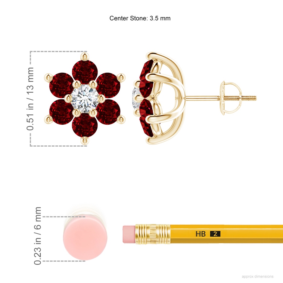3.5mm AAAA Six Petal Diamond and Ruby Flower Stud Earrings in Yellow Gold ruler