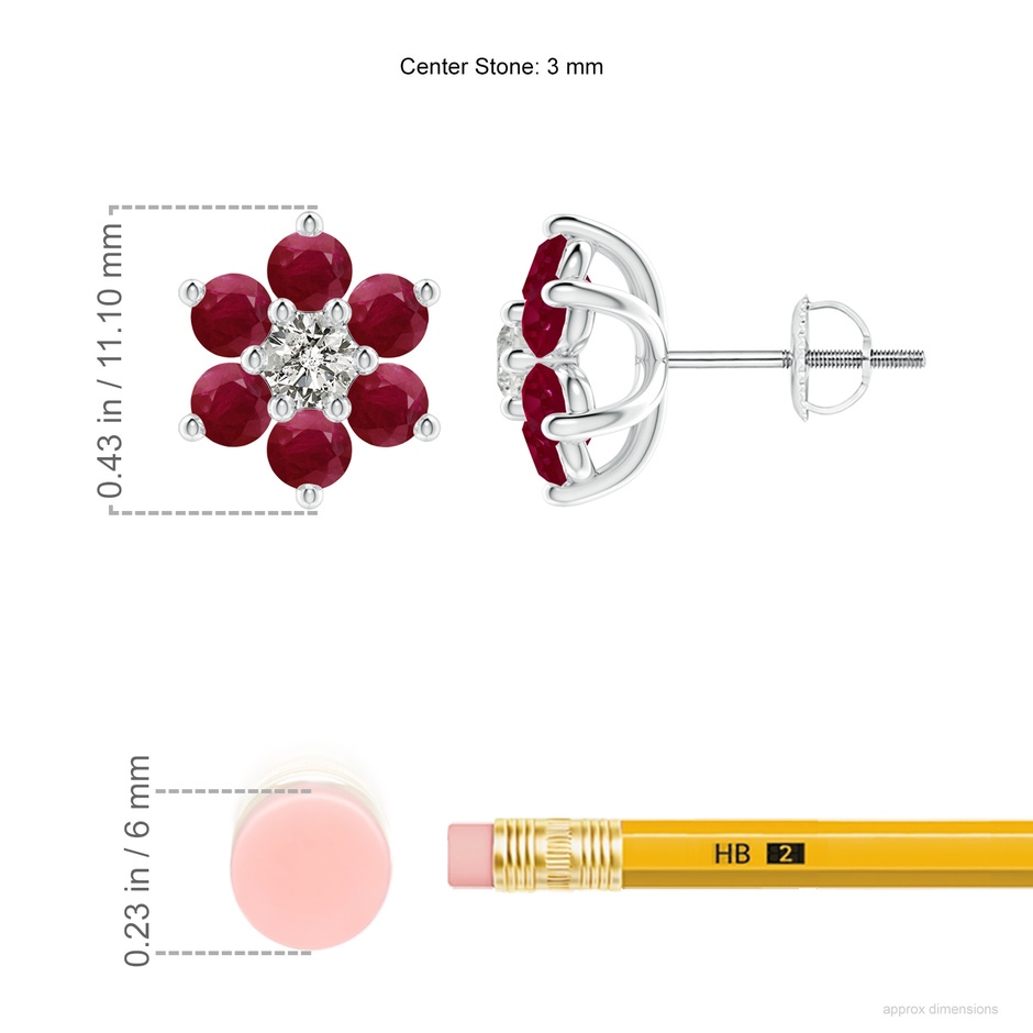 3mm A Six Petal Diamond and Ruby Flower Stud Earrings in White Gold ruler