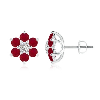 3mm AA Six Petal Diamond and Ruby Flower Stud Earrings in P950 Platinum