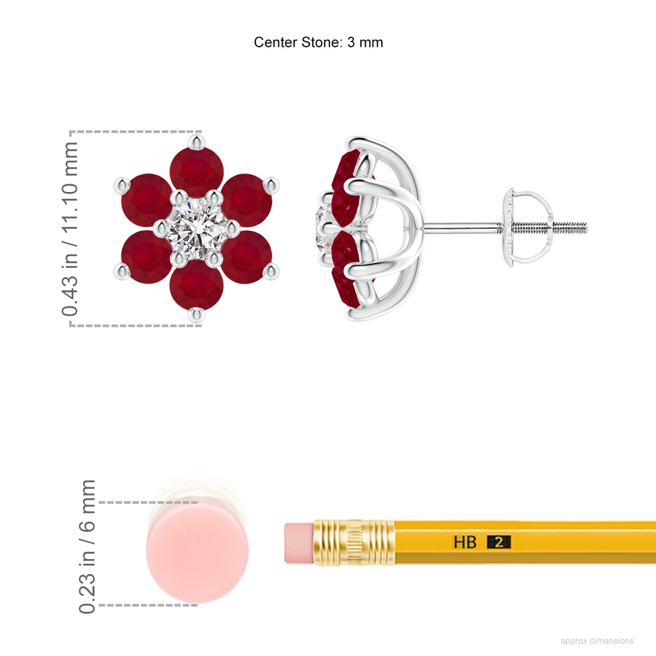 3mm AA Six Petal Diamond and Ruby Flower Stud Earrings in White Gold ruler