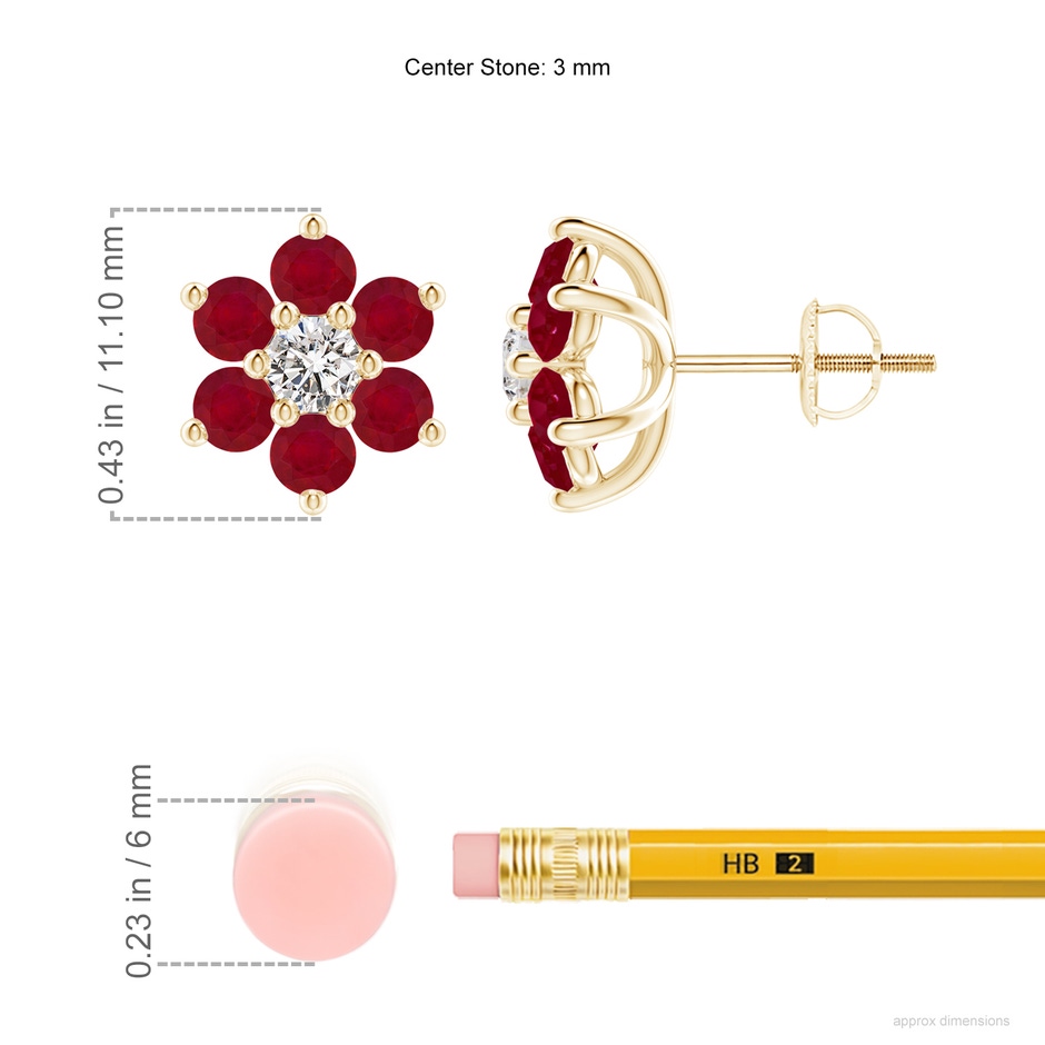 3mm AA Six Petal Diamond and Ruby Flower Stud Earrings in Yellow Gold ruler