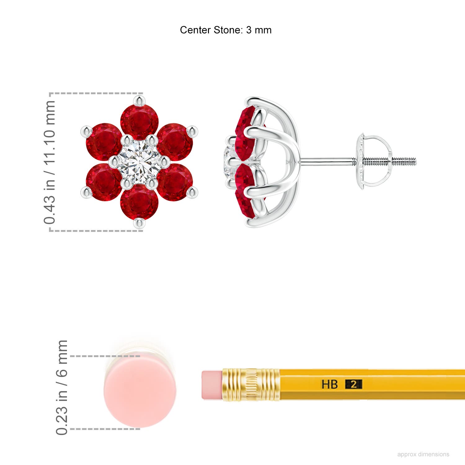 3mm AAA Six Petal Diamond and Ruby Flower Stud Earrings in 18K White Gold - ruler