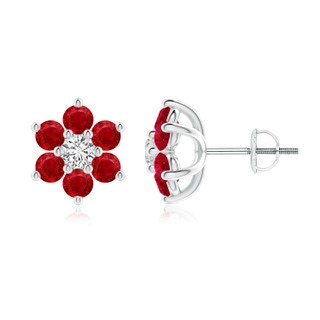 3mm AAA Six Petal Diamond and Ruby Flower Stud Earrings in P950 Platinum