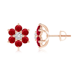 3mm AAA Six Petal Diamond and Ruby Flower Stud Earrings in Rose Gold