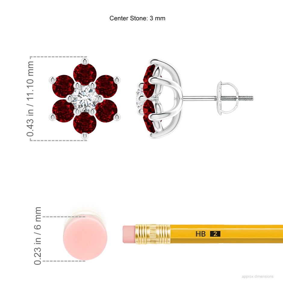 3mm AAAA Six Petal Diamond and Ruby Flower Stud Earrings in White Gold ruler