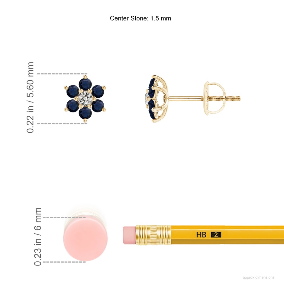 1.5mm A Six Petal Diamond and Sapphire Flower Stud Earrings in 9K Yellow Gold ruler