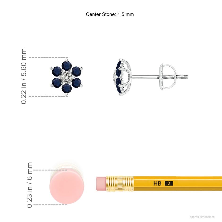 1.5mm A Six Petal Diamond and Sapphire Flower Stud Earrings in P950 Platinum ruler