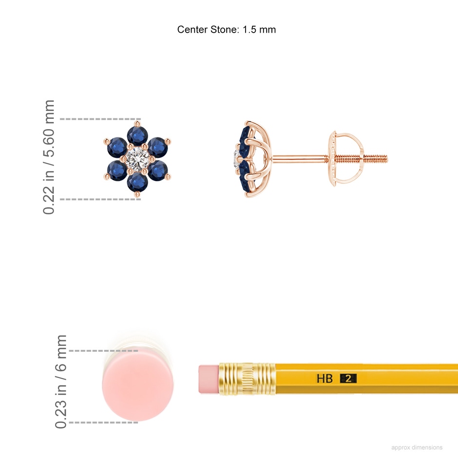 1.5mm AA Six Petal Diamond and Sapphire Flower Stud Earrings in Rose Gold ruler