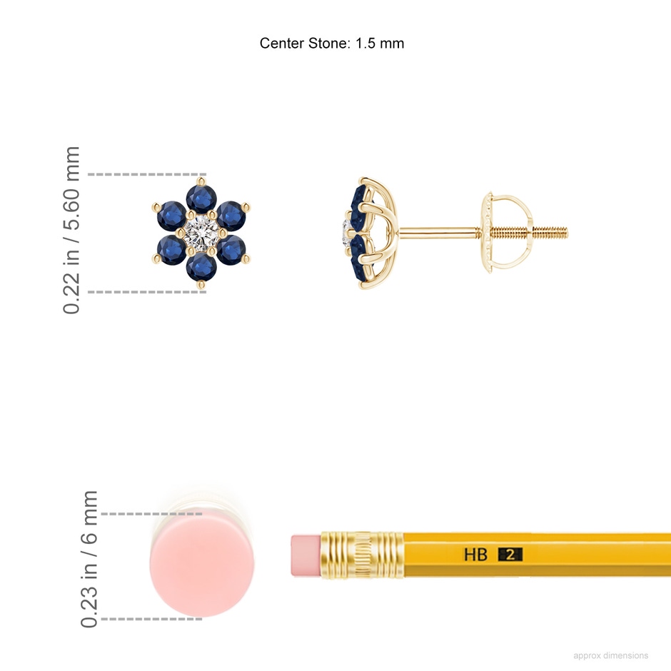 1.5mm AA Six Petal Diamond and Sapphire Flower Stud Earrings in Yellow Gold ruler