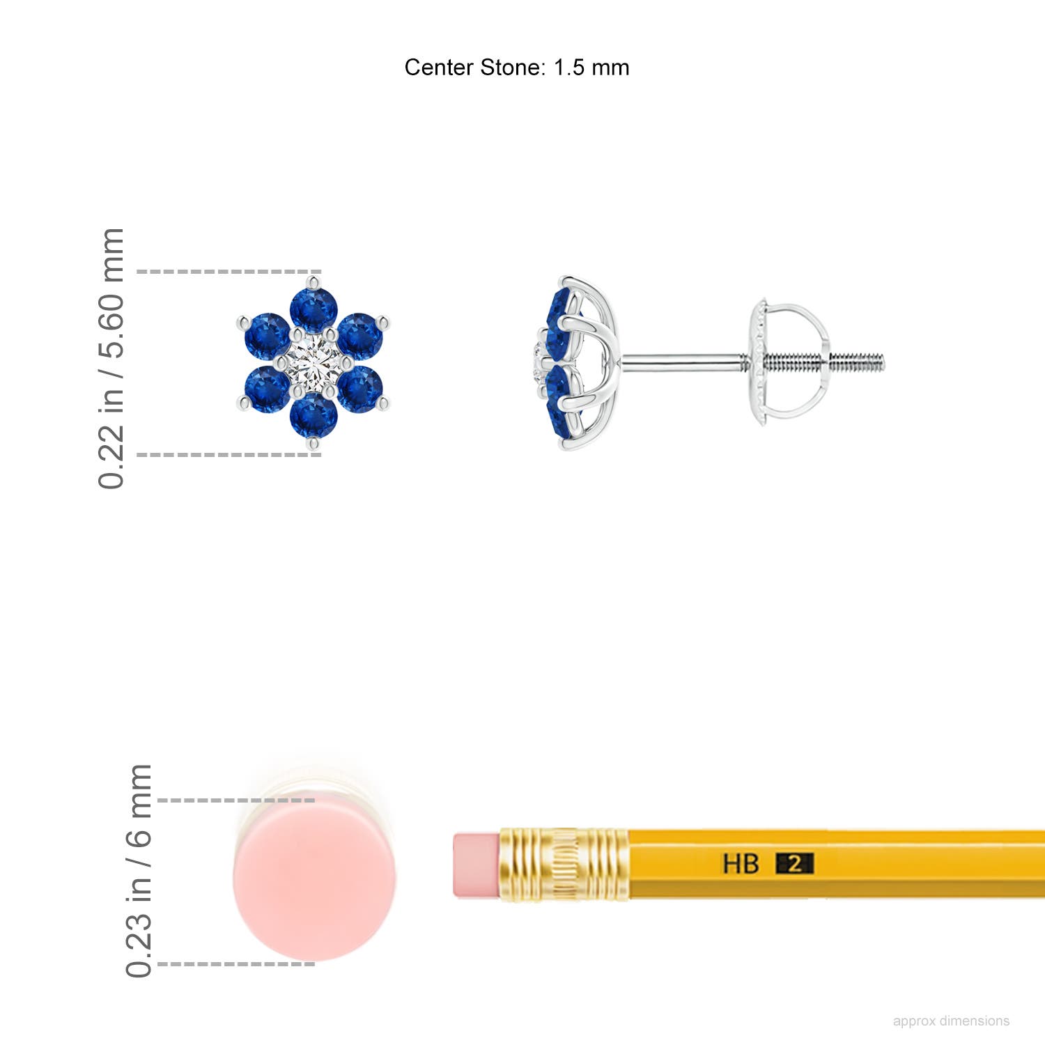 1.5mm AAA Six Petal Diamond and Sapphire Flower Stud Earrings in P950 Platinum - ruler