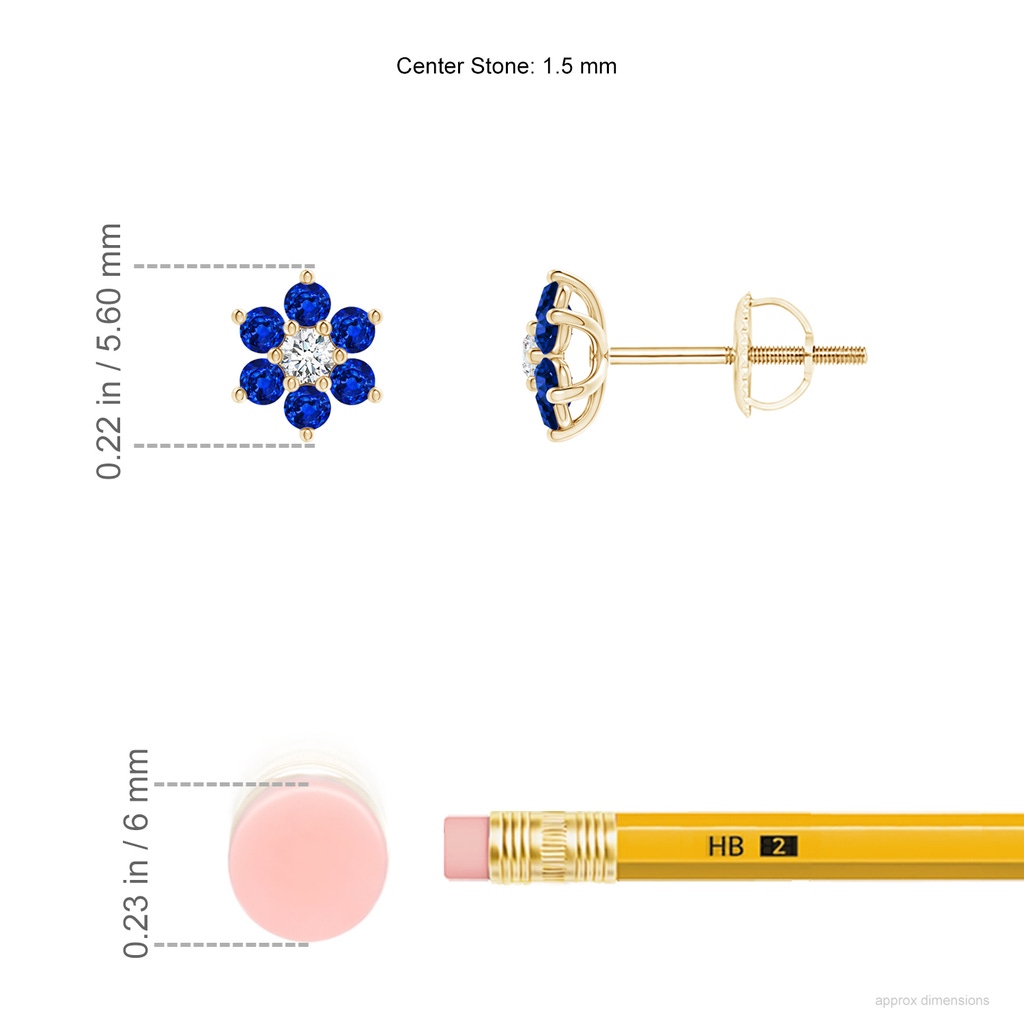 1.5mm AAAA Six Petal Diamond and Sapphire Flower Stud Earrings in Yellow Gold ruler