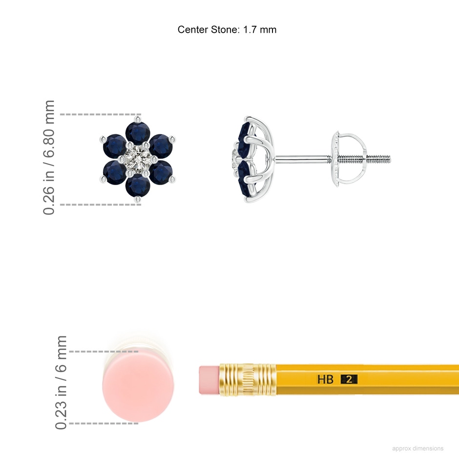 1.7mm A Six Petal Diamond and Sapphire Flower Stud Earrings in White Gold ruler
