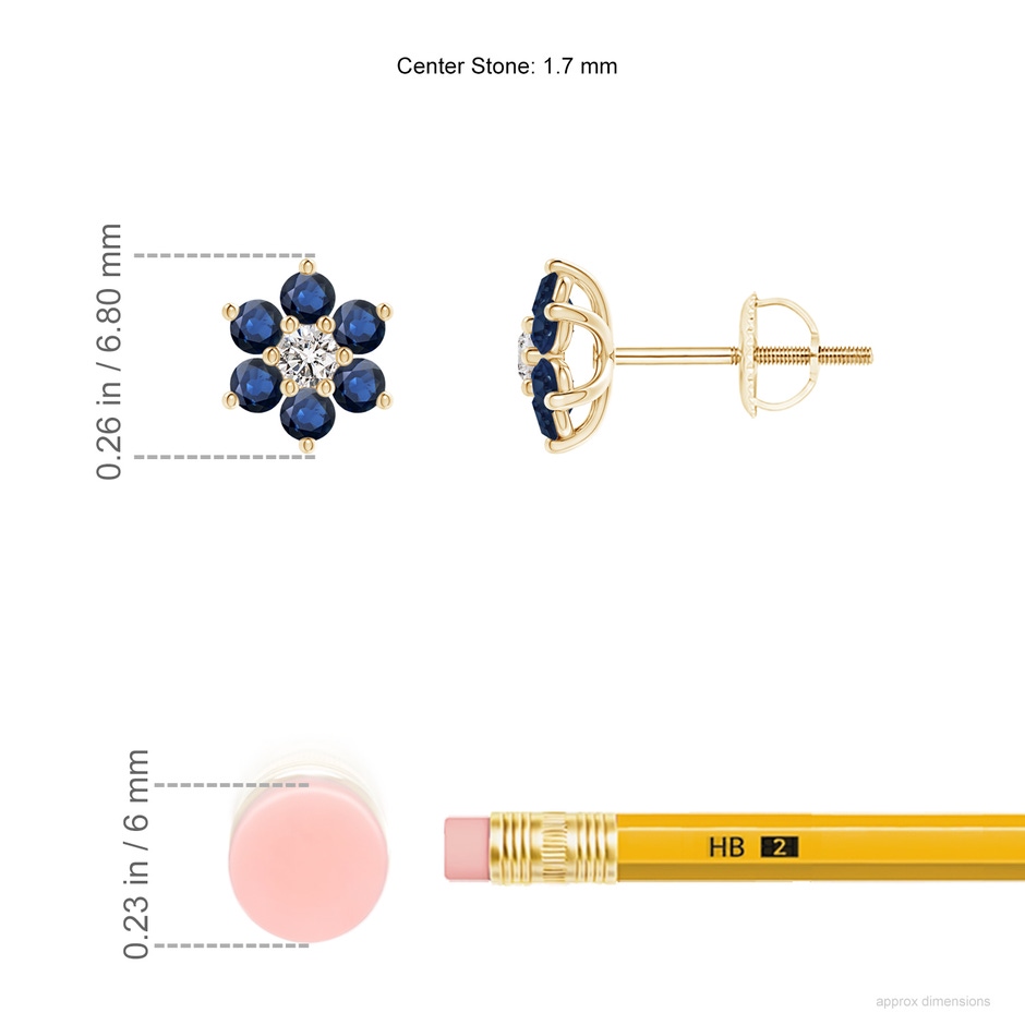 1.7mm AA Six Petal Diamond and Sapphire Flower Stud Earrings in Yellow Gold ruler