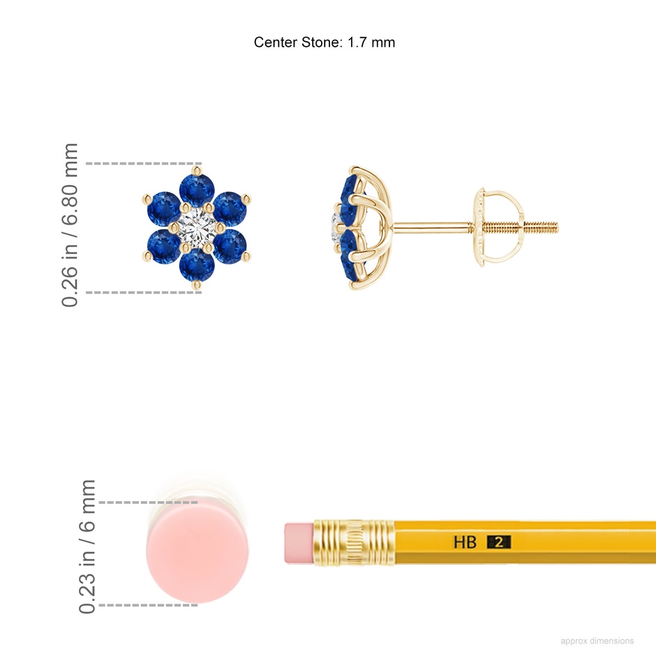 1.7mm AAA Six Petal Diamond and Sapphire Flower Stud Earrings in Yellow Gold ruler