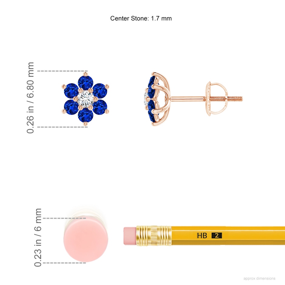 1.7mm AAAA Six Petal Diamond and Sapphire Flower Stud Earrings in Rose Gold ruler