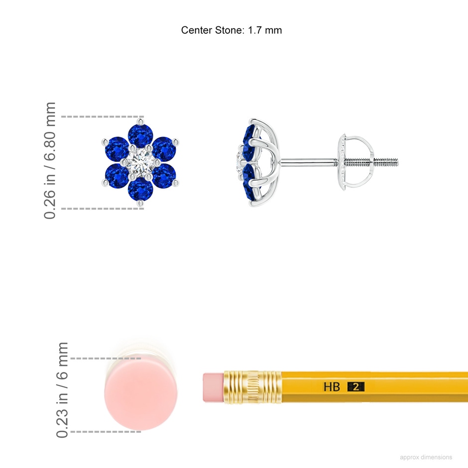 1.7mm AAAA Six Petal Diamond and Sapphire Flower Stud Earrings in White Gold ruler