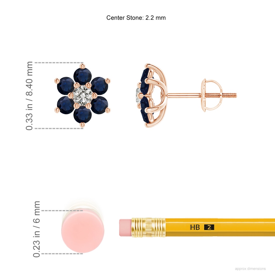 2.2mm A Six Petal Diamond and Sapphire Flower Stud Earrings in Rose Gold ruler