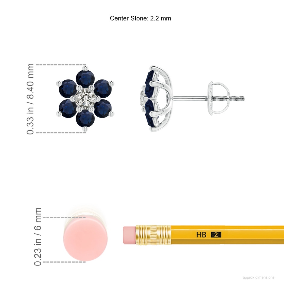 2.2mm A Six Petal Diamond and Sapphire Flower Stud Earrings in White Gold ruler