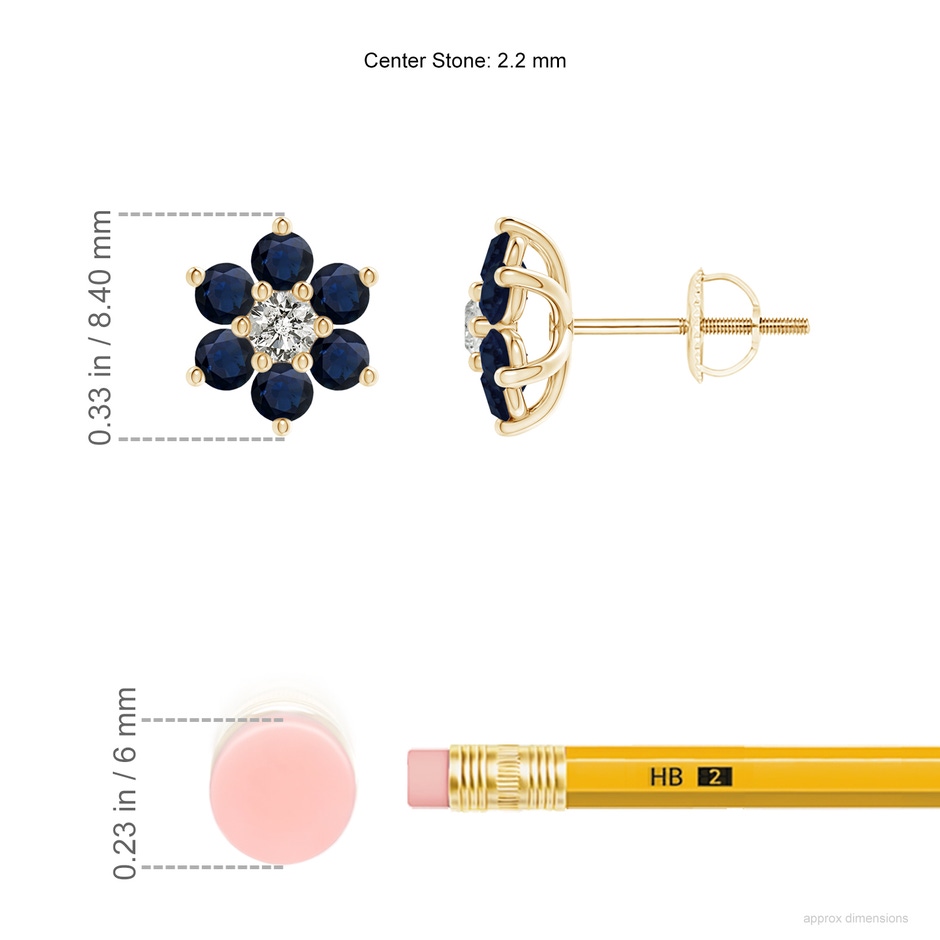 2.2mm A Six Petal Diamond and Sapphire Flower Stud Earrings in Yellow Gold ruler