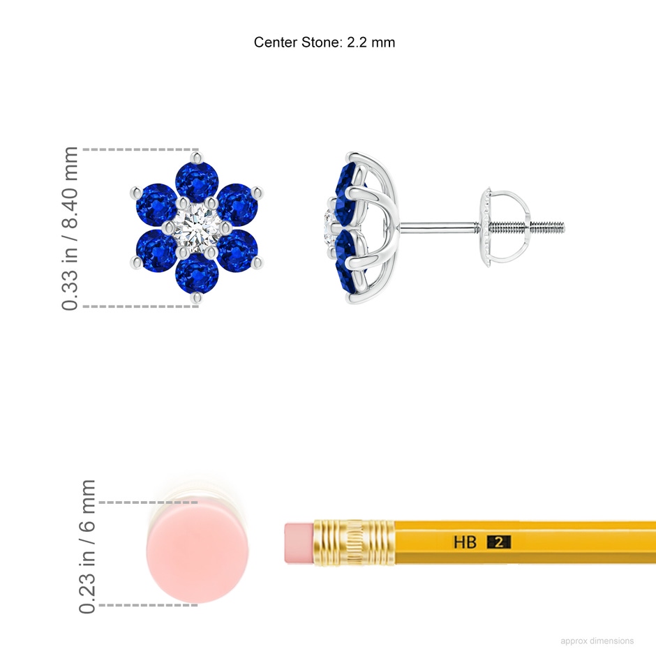 2.2mm AAAA Six Petal Diamond and Sapphire Flower Stud Earrings in 18K White Gold ruler