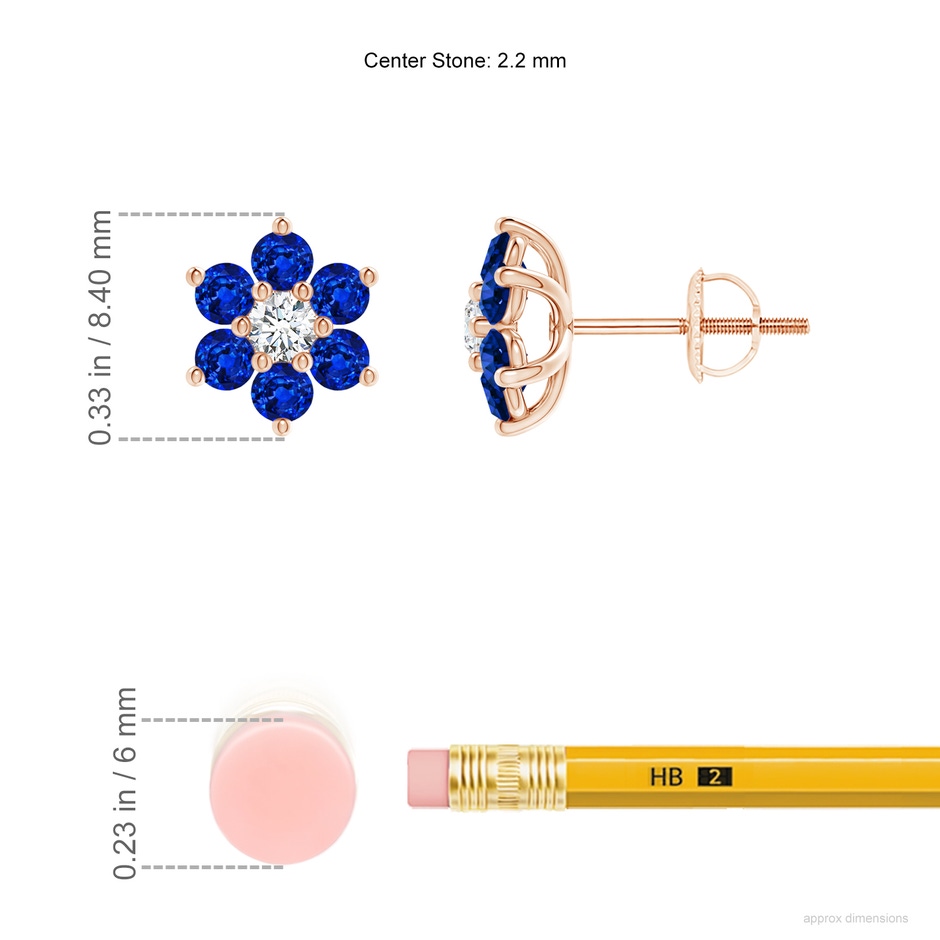 2.2mm AAAA Six Petal Diamond and Sapphire Flower Stud Earrings in Rose Gold ruler