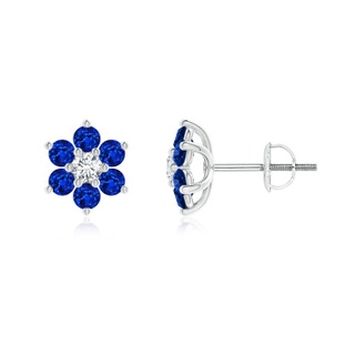 2.2mm AAAA Six Petal Diamond and Sapphire Flower Stud Earrings in White Gold