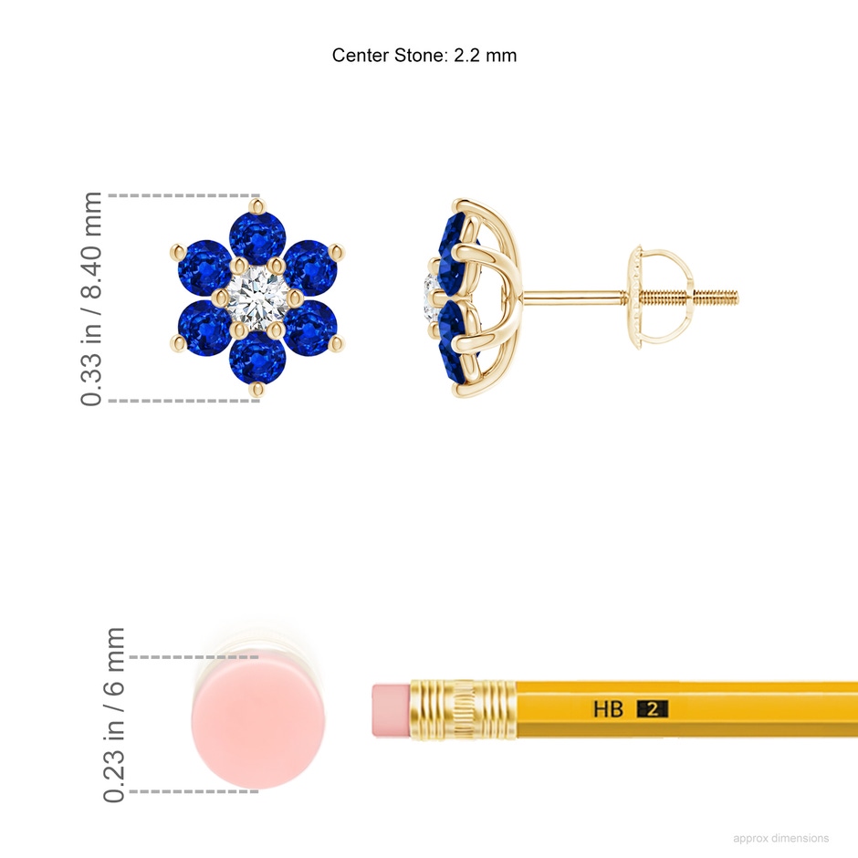 2.2mm AAAA Six Petal Diamond and Sapphire Flower Stud Earrings in Yellow Gold ruler