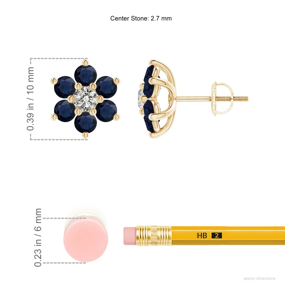 2.7mm A Six Petal Diamond and Sapphire Flower Stud Earrings in Yellow Gold ruler