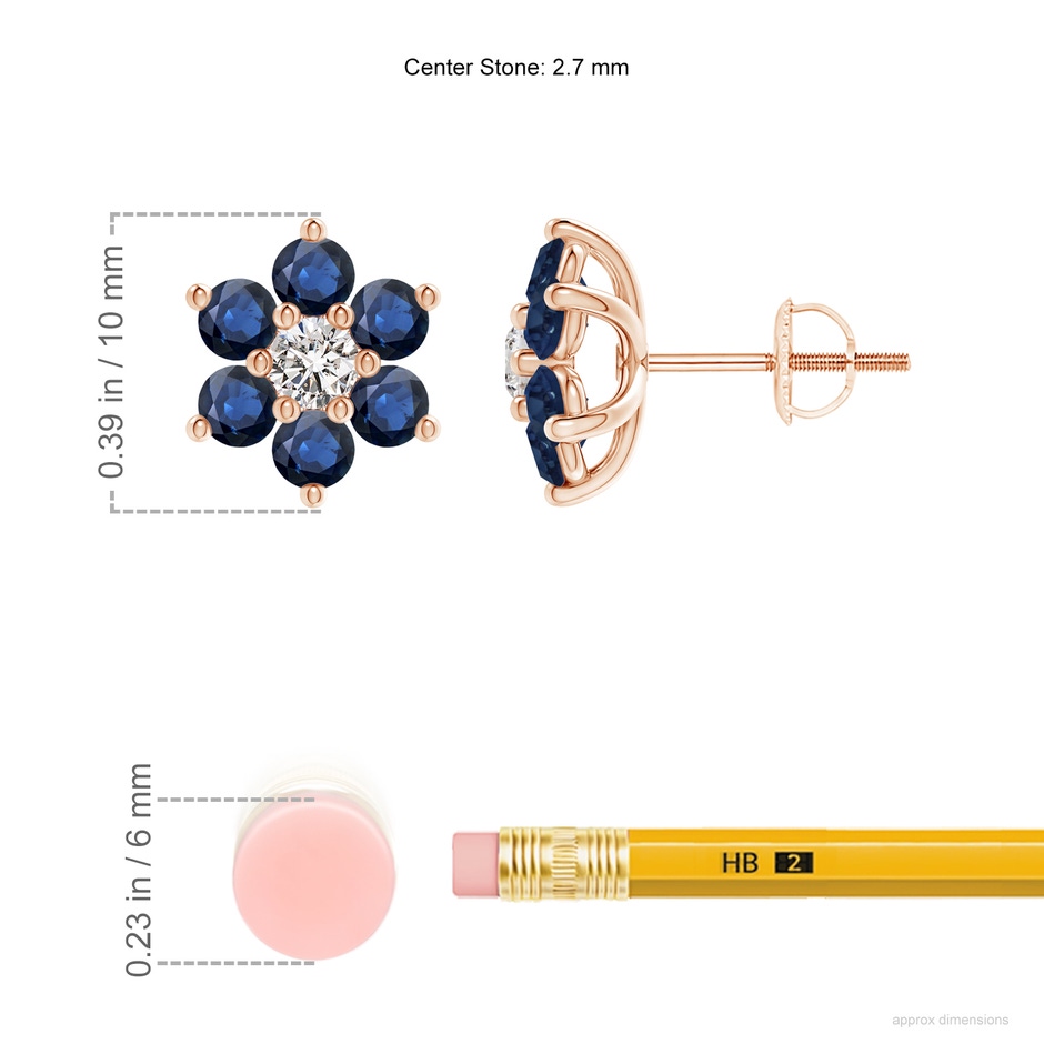 2.7mm AA Six Petal Diamond and Sapphire Flower Stud Earrings in Rose Gold ruler