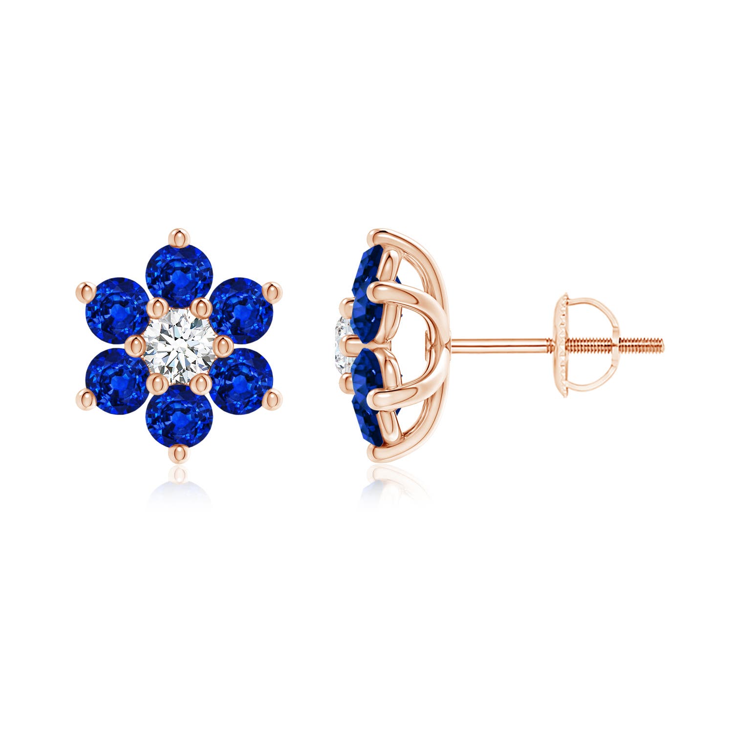 2.7mm AAAA Six Petal Diamond and Sapphire Flower Stud Earrings in 18K Rose Gold