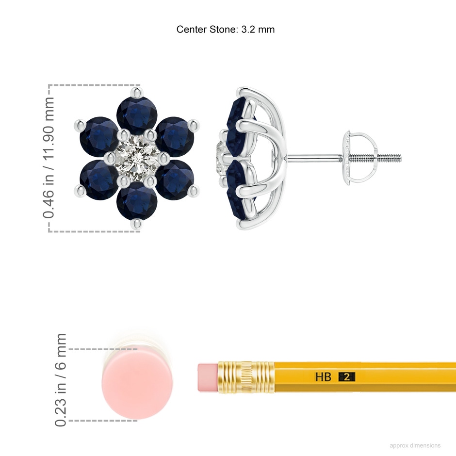 3.2mm A Six Petal Diamond and Sapphire Flower Stud Earrings in White Gold ruler